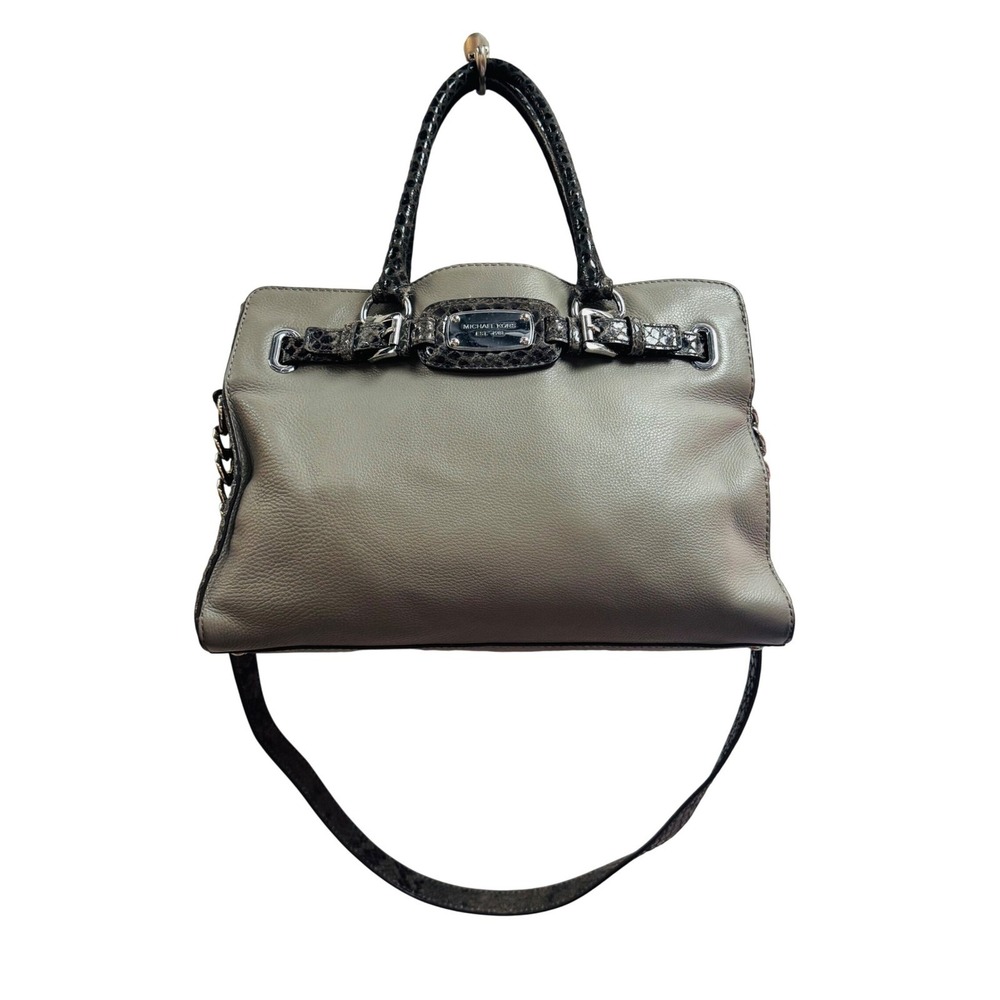 Michael Kors Grey Pebbled Leather & Snakeskin Embossed Satchel Crossbody Bag